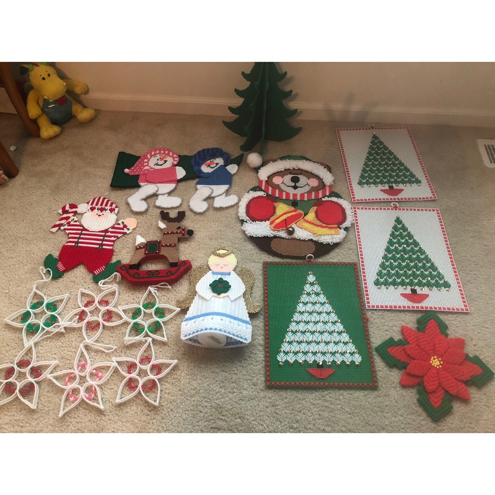 Plastic Canvas Needlepoint Christmas Crafts Handmade Finished Pieces Lot Of 16
